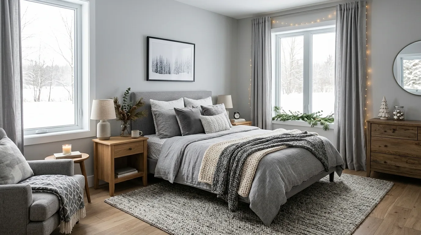 Add curtains that help the room feel more cocooning inspiration for a winter bedroom.